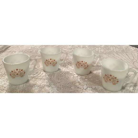 Vintage PYREX Summer Impressions Ginger Brown Flower 4 Mugs Coffee Cups - Picture 1 of 9
